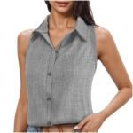 Lapel Cotton Linen Button Sleeveless Shirt Women's Clothing - Image 3