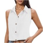Lapel Cotton Linen Button Sleeveless Shirt Women's Clothing - Image 2