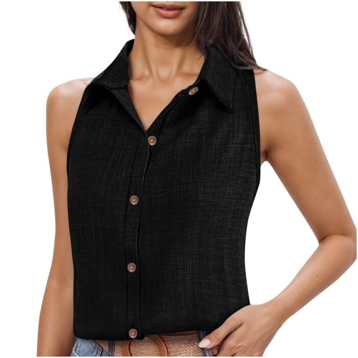Lapel Cotton Linen Button Sleeveless Shirt Women's Clothing - Image 10