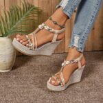 Wedge Sandals Hemp Rope Rhinestone Straw