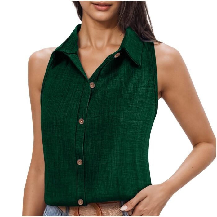 Lapel Cotton Linen Button Sleeveless Shirt Women's Clothing - Image 6